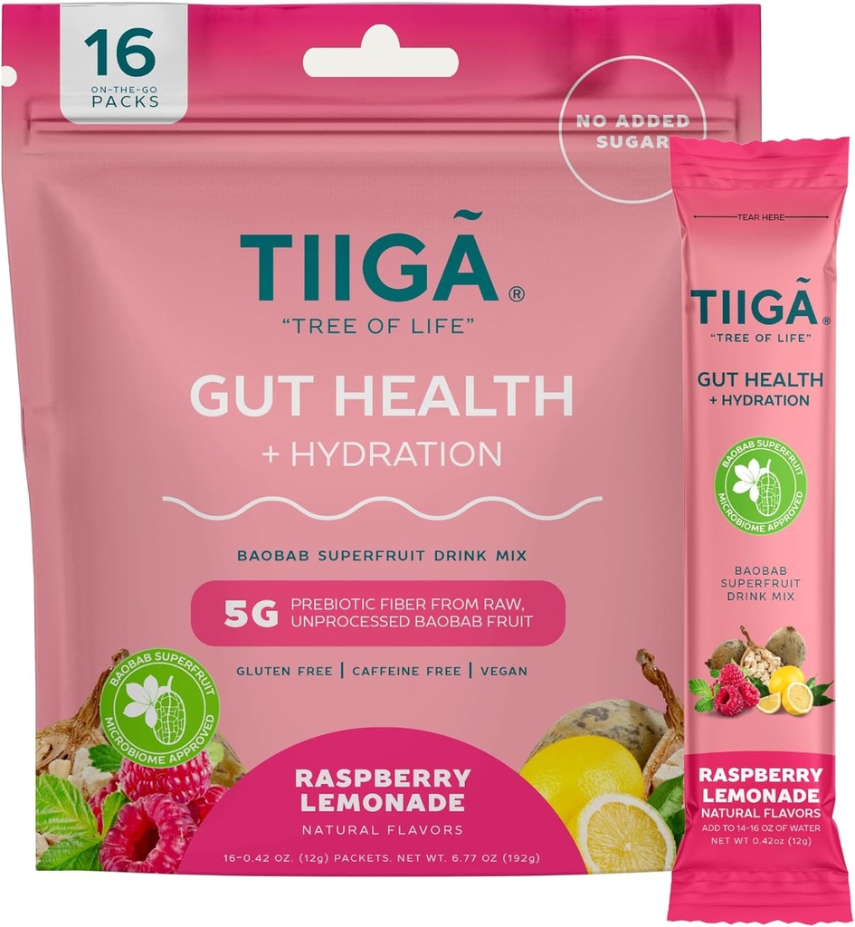 Tiiga Soolestiku Tervis + Hüdratsioonijoogi Segu – 7 g Baobab, 5 g Prebiootikumid, Elektrolüüdid, Piimatooted, Vegan, Lisamata suhkur, Seedimine, Regulaarsus ja Kõhukinnisus – 16 Servingut