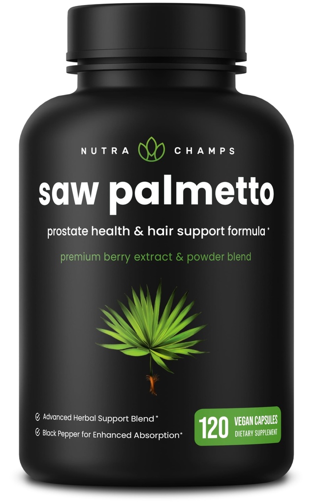NutraChamps Saw Palmetto täiendus eesnäärme tervise [Extra Tugevus] 600mg kompleks ekstrakti, marjapulbri ja maitsetaimedega - toetab tervislikku urineerimise sagedust, 120 kapslit