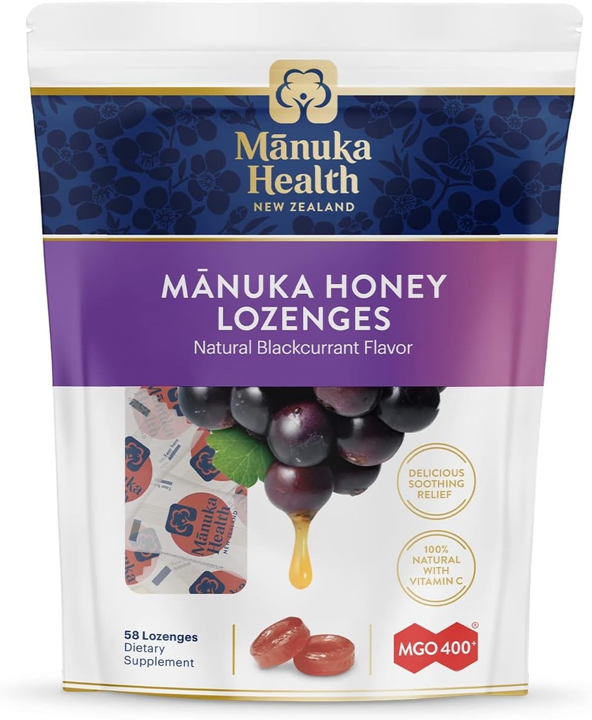 Manuka Health Manuka Honey Throat Lozenges - Blacksõstra Maitsestatud Lozenges, 58-Count - Köha tilgad infundeeritud toores Manuka Honey & C-vitamiin immuunsüsteemi toetuseks