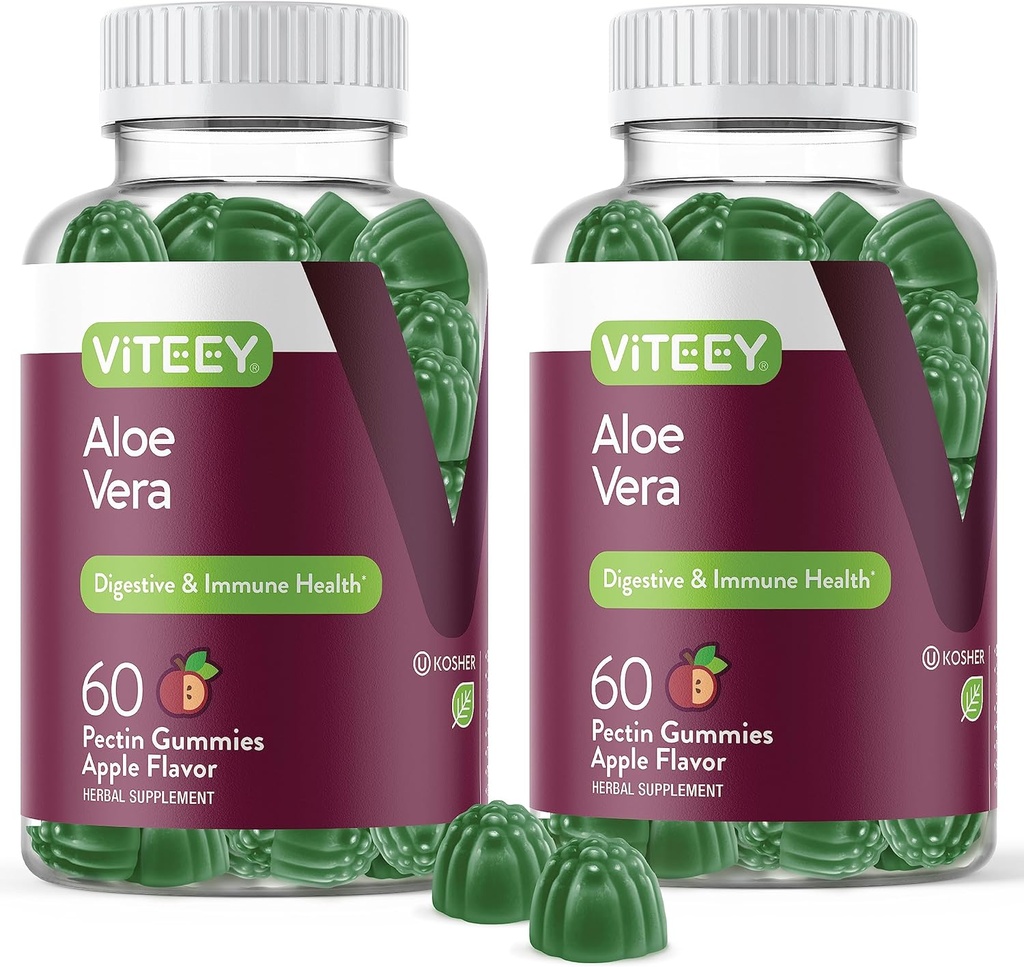 Viteey Aloe Vera Gummies täiskasvanutele - 50mg - Seedetrakti ja immuunsüsteemi tervise abivahendid - Aloe Vera täiendus - Vegan, želatiinivaba, gluteenivaba, GMO-vaba, maitsev närimiskumm