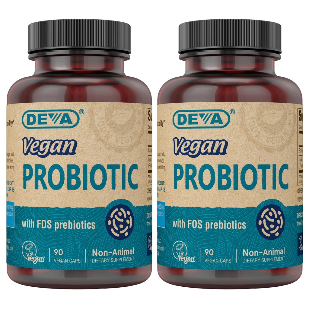 DEVA Vegan probiootikum koos FOS prebiootikumidega täiendus - 2 miljardit CFU-d 100 MG prebiootikumidega meestele ja naistele - mitte-piimne gluteenivaba - loomulikult stabiilne - 90 kapslit (pakk 2)