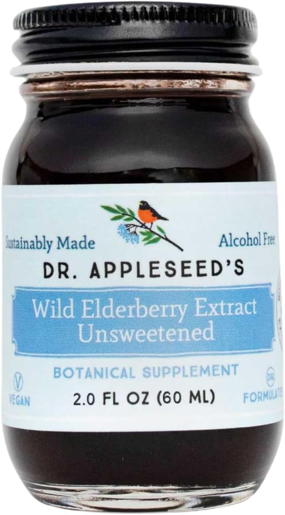 Dr. Appleseed's Wild Elderberry Extract Unsweetened Max Tugevus 720mg Kids + Adults Daily Immune Supplement Doctor- Formulated Science-Backed Pure Vegan 25 Day Supply - 2 Fl Oz