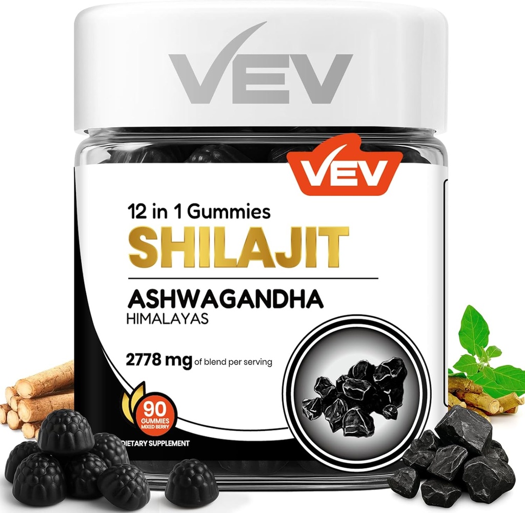VEV Shilajit Gummies for Men & Women | 1000mg Shilajit & Ashwagandha Gummies with Sea Moss & L-Theanine for Energy, Vitality & Stress Balance | Vegan, No Add Sugar | 90 Count for Daily Wellness