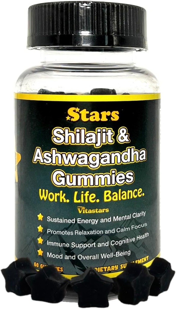 Shilajit Ashwagandha Gummies - Immune Support Supplement koos puhta Shilajit Vaiguga - Orgaaniline Ashwagandha Gummy stressi, energia ja heaolu jaoks, 60 looduslikku tähtkuju kummikud