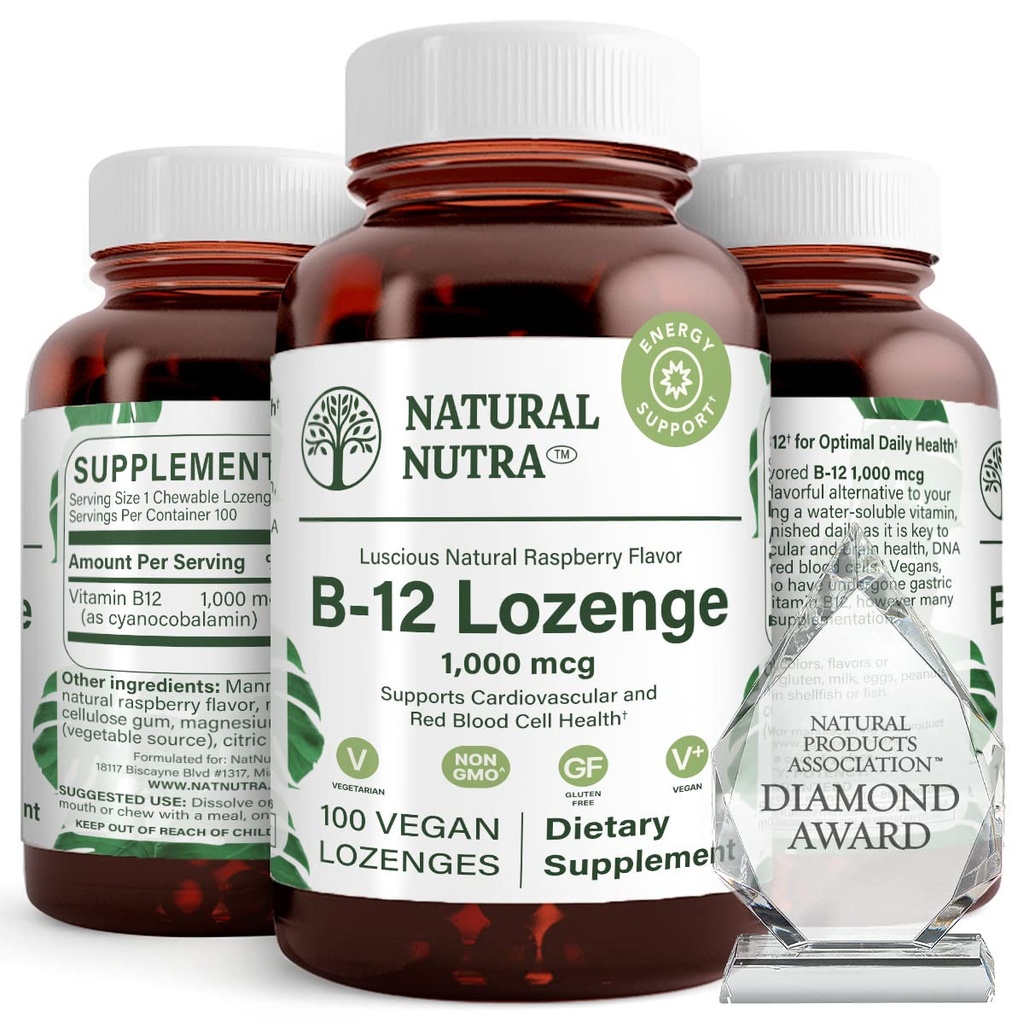 Natural Nutra Vitamiin B12 täiendus, aitab suurendada energia taset, mis on oluline terve närvisüsteemi, aitab parandada meeleolu ja vaimset tervist, toetab südame-veresoonkonna süsteemi, 100 lozenges
