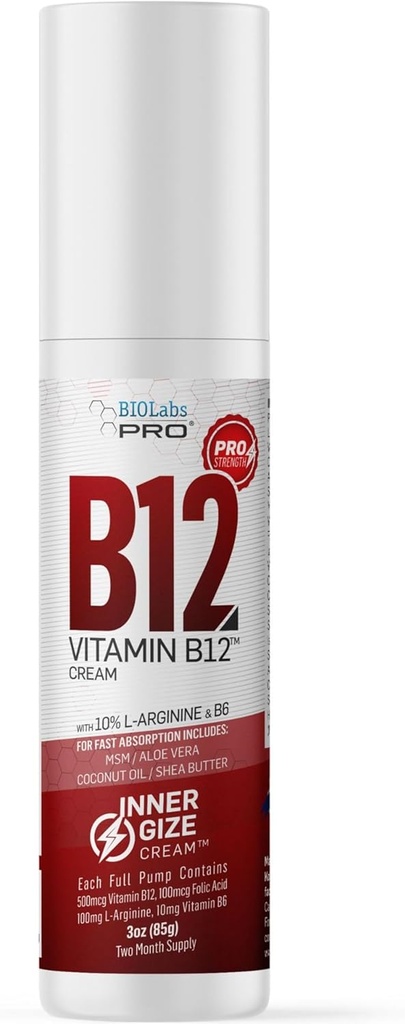 BIOLABS PRO INNERGIZE B12 Kreem - Kõik looduslikud paiksed B12 w/B6 & 10% L-arginiin - täiustatud neuroloogiline ja eeltöötugi - Professional Grade Methyl B12 - B6