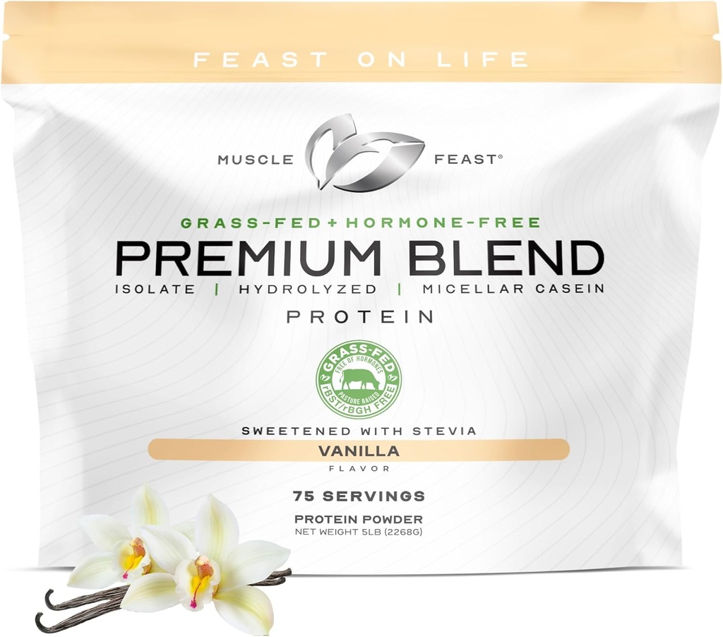 Muscle Feast Grass Fed Premium Blend Vadakuvalk, hüdrolüüsitud vadak, isolaat, Micellar kaseiin, 21 g valku, 100 kalorit (Vanilla, 5 lb)