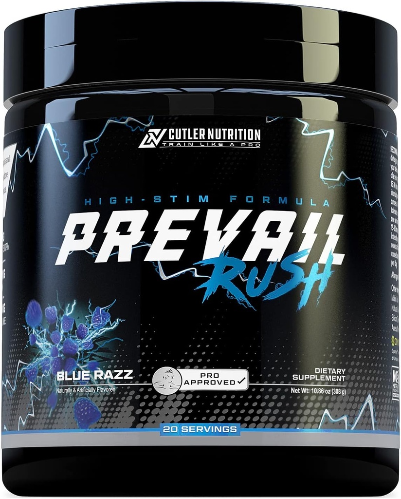 Cutler Nutrition High Stim Pre Workout Pulber Prevail Rush Preworkout meestele ja naistele intensiivsete pumpade jaoks Energia ja keskendumine kofeiini NO3T Betaiini ja Dünaamiiniga | Hapu sinine razz (20 serveerimist)