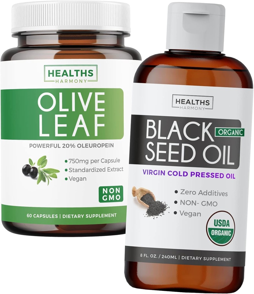 Bundle of Black Seed Oil Vedel & Olive Leaf Extract - Immune Support Synergy Bundle - Organic Black Seed Oil Vedel (8 fl oz) & Olive Leaf Extract 20% Oleuropein Immune Supplement (60 kapslit)