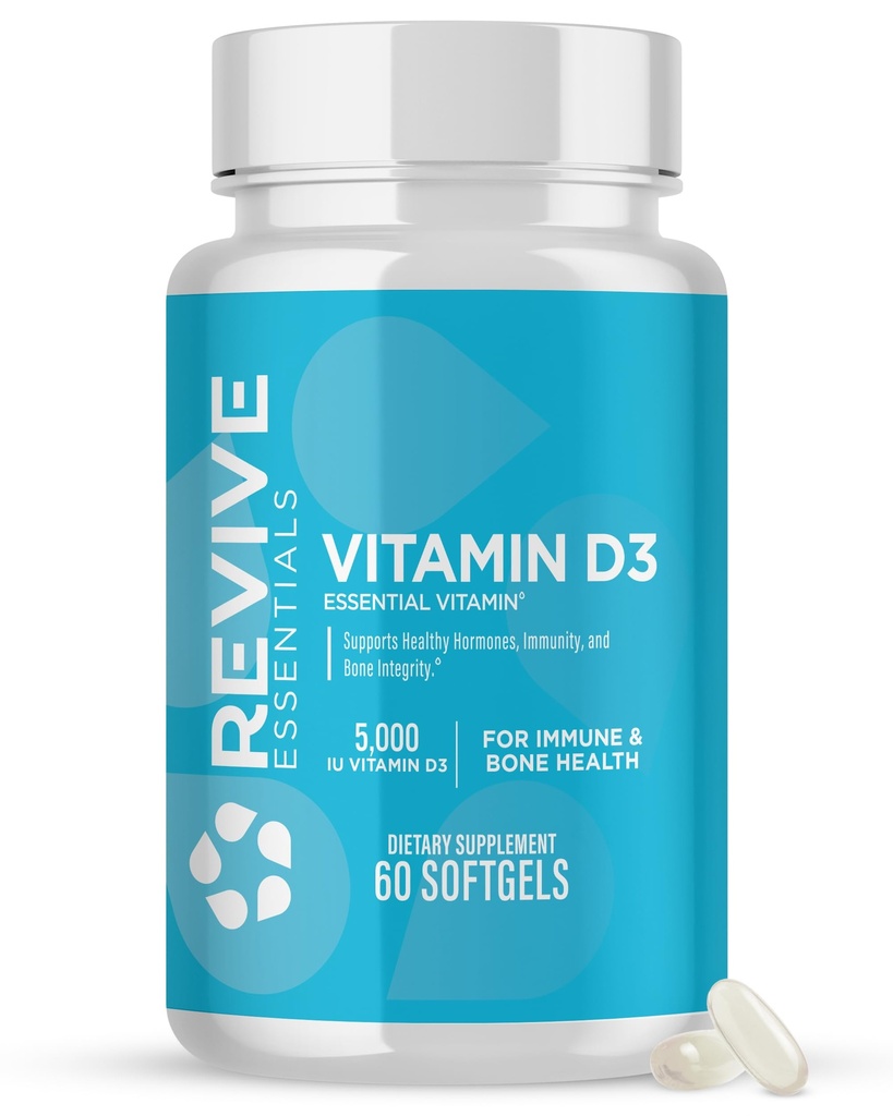 Revive MD D3-vitamiini täiendus, 5000 IU - kõrge potentsi kolekaltsiferool immuunsuse toetamiseks, kaltsiumi imendumine, luu ja lihaste tervis - mitte-GMO toidulisand ilma täiteaineteta - 60 Softgels