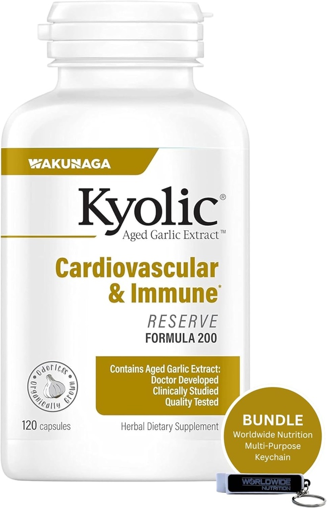 Worldwide Nutrition Bundle ühildub Kyolic Aged küüslauguekstrakti, südame-veresoonkonna ja immuunsüsteemiga - Reserve Formula 200, Kyolc Aged küüslauguekstrakti kapslid 120 loe ja mitmeotstarbeline võtmekett