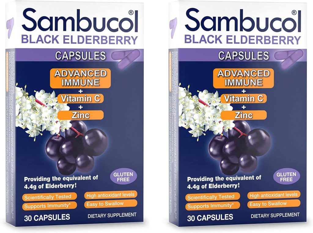 Sambucol Black Elderberry kapslid - Advanced Immune, C-vitamiin ja tsink, Elderberry kapslid, Immune Support, Black Elderberry Supplements, Gluteenivaba, lihtne neelata kapslid - 30 Count, 2-Pack