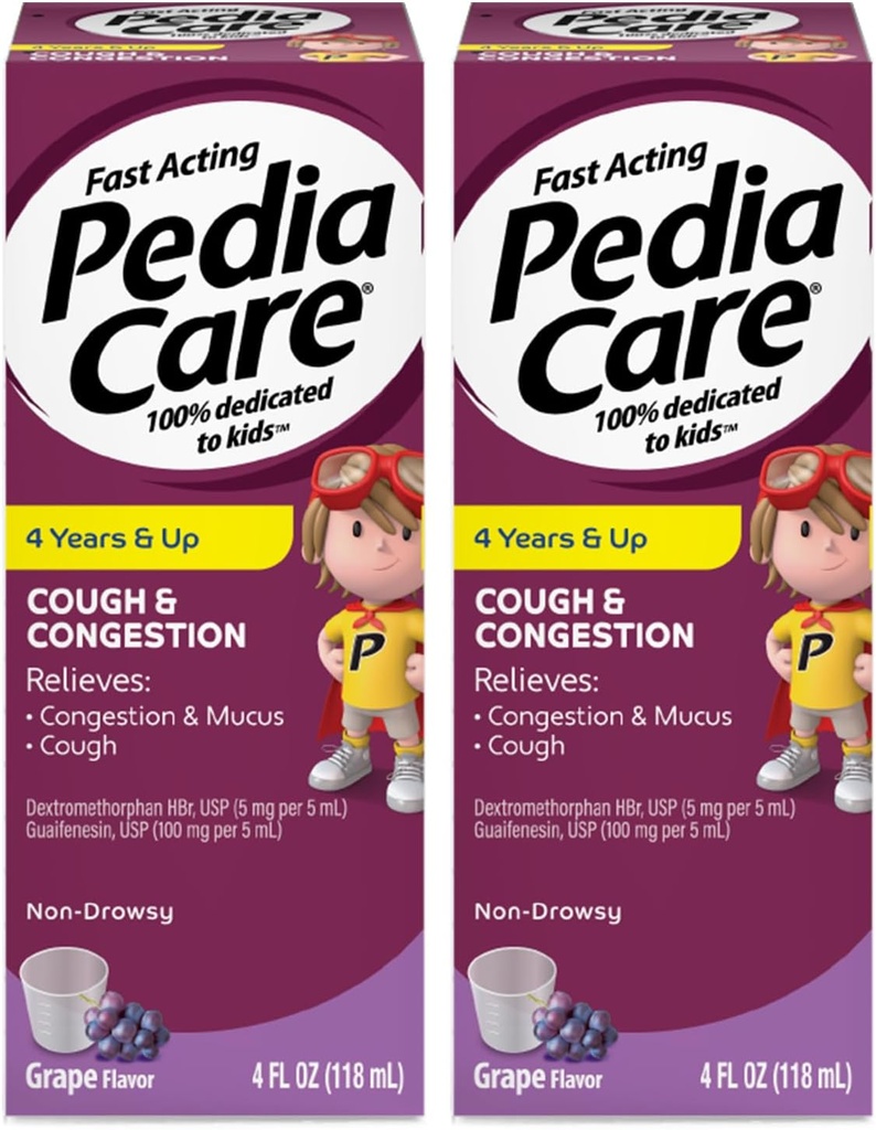 Laste köha ja ummikud Vedel ravim köha, rindkere ummistuste ja lima külma sümptomite, mitte-uimas, vanuses 4+, viinamarjamaitse, 4 fl oz (2 Pack)