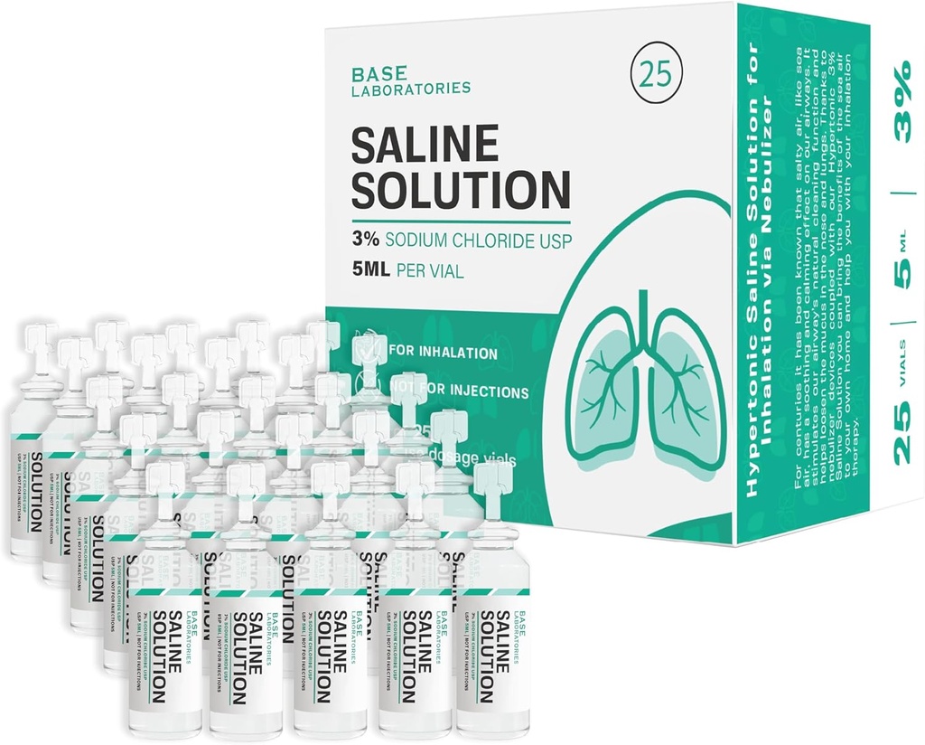 BASE- LABORATOORIUMID 3% Soolalahus nebulisaatorimasinale | Soolalahus sissehingamiseks ja nina niisutamiseks | Kõrge 3% kontsentratsioon l 25 viaali 5 ml ühikdoos