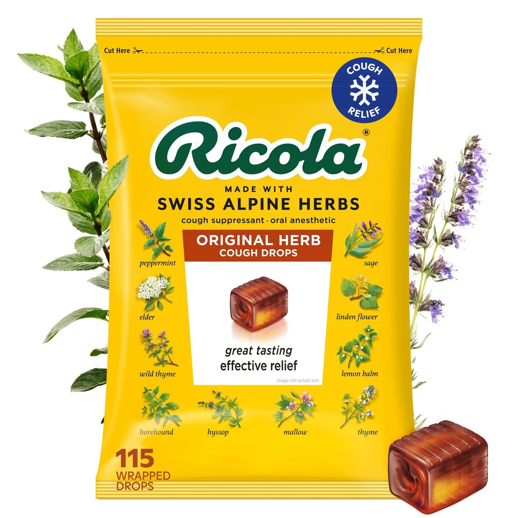 Ricola Original Herb Cough tilgad, 115 Count, Cough Suppressant & Throat leevendavad tilgad looduslikult saadud mentooliga, Pleasing Herbal Maste for Coughs & Throat Irritation Symptom Relief