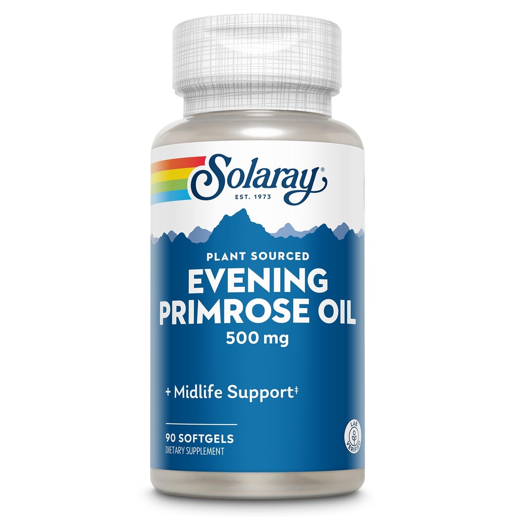 SOLARAY High Potency Õhtune Primrose Oil 500mg - Midlife Support - Gamma linoleenhappe ja linoolhappe allikas - Lahustid puuduvad, külmpressitud - 90 Servings, 90 Softgels