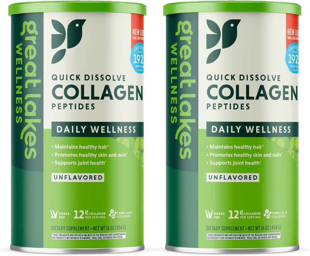 Great Lakes Wellness Kollageen Peptiidid Pulber nahale, juustele, küüntele, liigestele ja seedimisele - maitsestamata - Kiire lahustatud hüdrolüüsitud, mitte-GMO, Keto, Kosher - 16 oz - 2 Pack - Pakend võib varieeruda