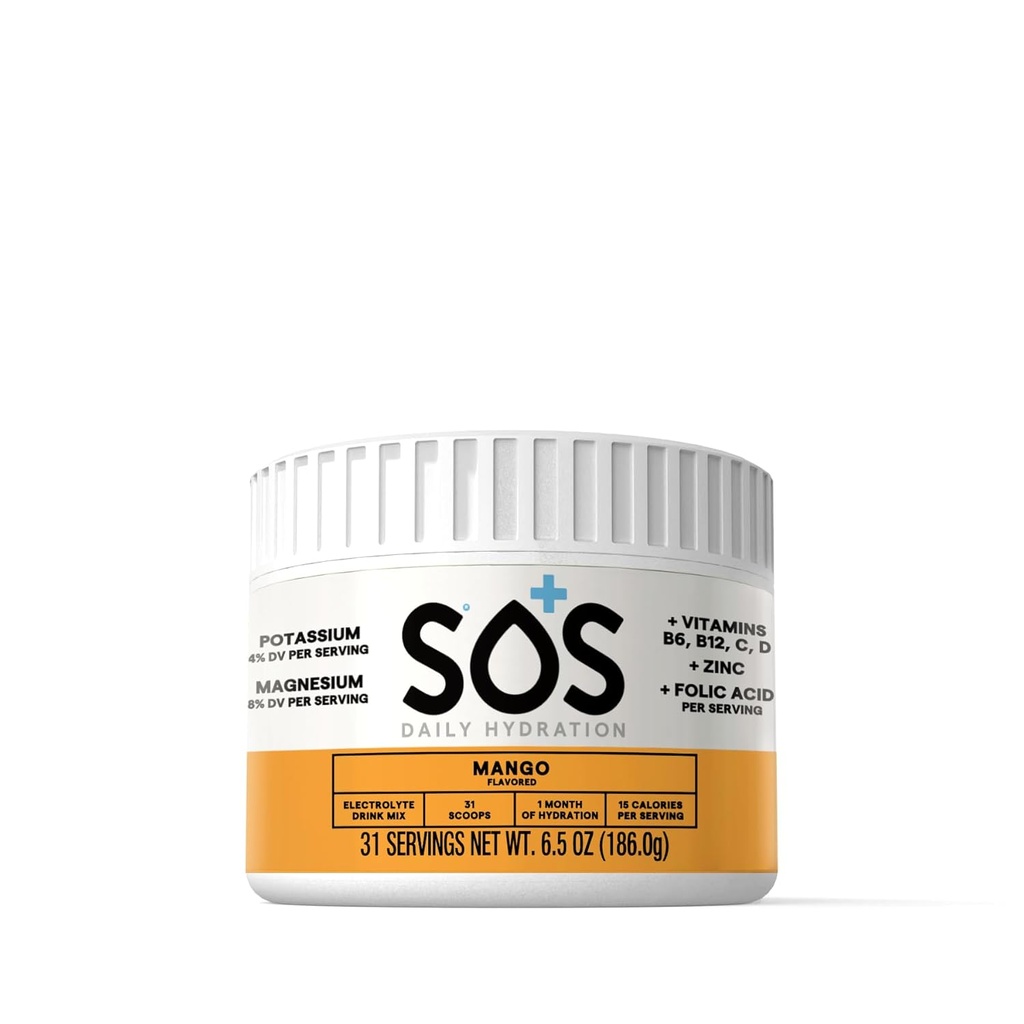 SOS Hüdratsioon Elektrolüütide Joogi Segu (31 Servings) – Madal Suhkur, 15 Kalorit, Keto-sõbralik Ja Kiire Rehüdratsioon (31 Servings, Mango)