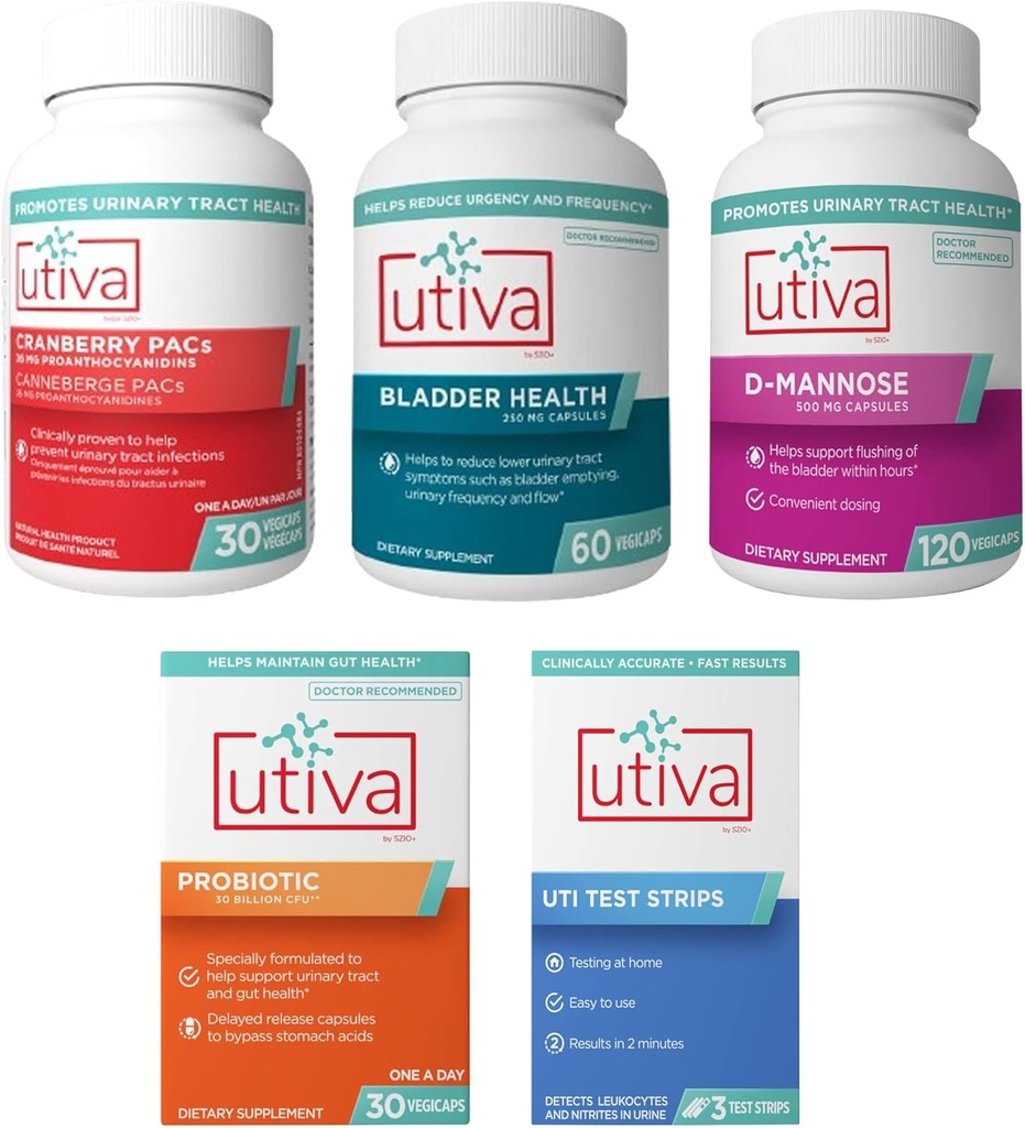 15% Bundle Utiva Cranberry PACs 30 Vegi Kapslid + Utiva põis Tervis 60 Kapslid + Utiva D- Mannose 500mg 120 Kapslid + Utiva Probiotic 30 Viivitatud Vabastus Vegi Kapslid + Utiva UTI Testribad