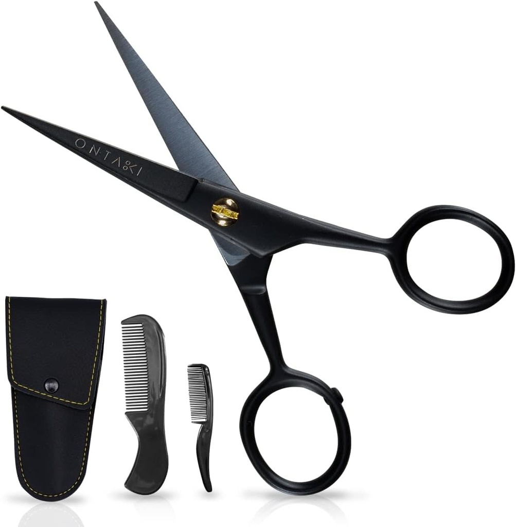 Ontaki Mustache Käärid Meestele - 5-tollised, mustad - Saksa kõrge süsinikusisaldusega terasest Bevel-Edge täpsuseks - Habeme trimmimiskäärid - Sisaldab Mustache & Beard Combs & Carrying Pouch