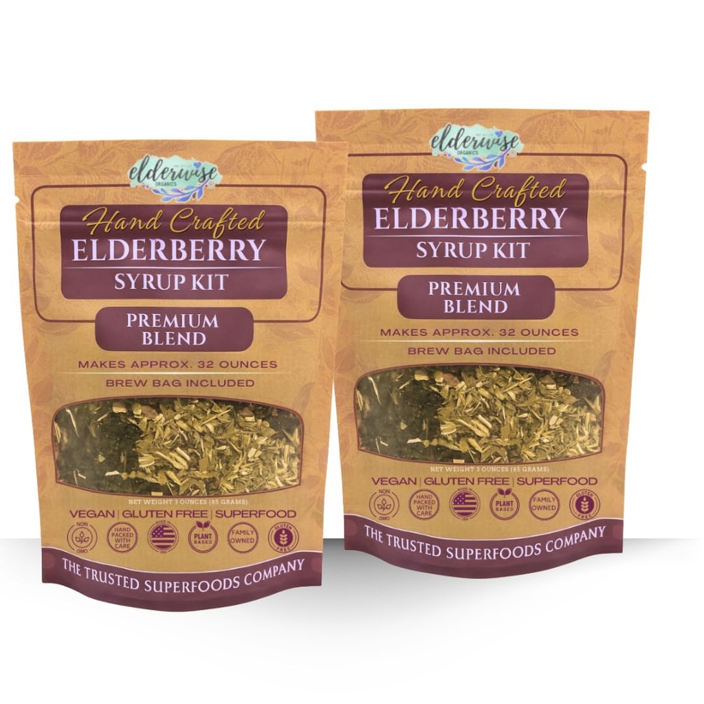 Elderberry Syrup Kits 2X - Iga teeb umbes 32oz - Sisaldab Brewing Bags - Koostisosad - Elderberries - Rosehips - Ingver - Echinacea - Kaneel - Nelk - Elderwise