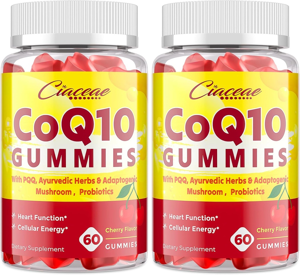 CoQ10 Gummies with PQQ - 400 MG Coenzyme Q10 High Potency, täiustatud Ayurveda maitsetaimed, Adaptogenic Seenesegu ja probiootikumid südame, aju, energia, immuunsus, kirsi maitse, 120 Vegan Gummies