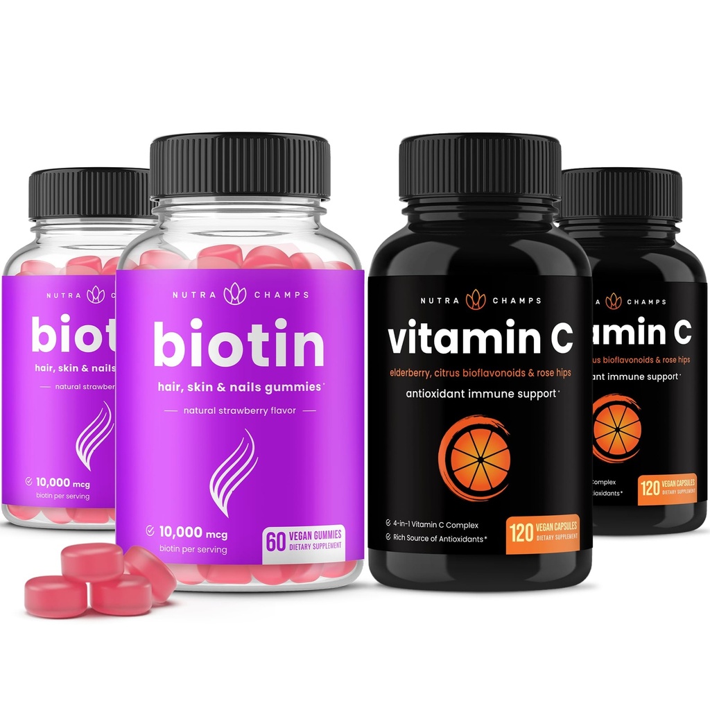 NutraChamps Biotin Gummies (2 Pack) ja C-vitamiini kapslid (2 Pack) 4 Pakend