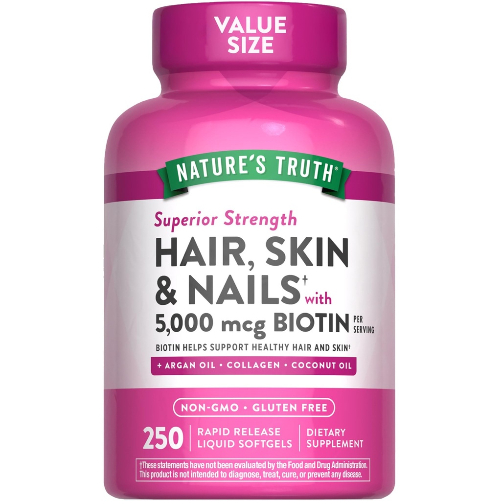 Nature's Truth Hair, Skin & Nails Vitamiinid | 5000mcg | 250 Softgels | Sisaldab kollageeni, biotiini ja kookosõli | Mitte-GMO & Gluteenivaba toidulisand naistele ja meestele