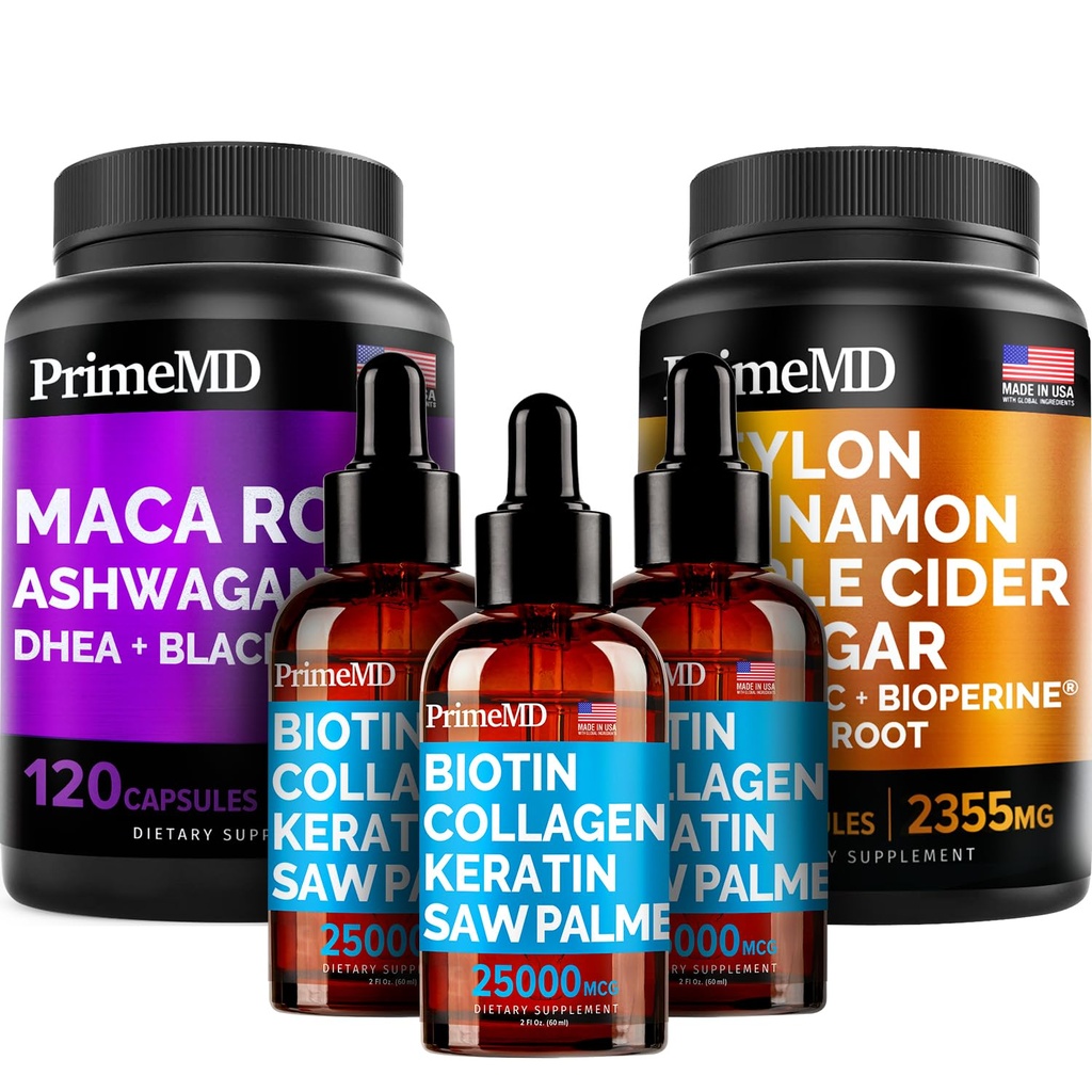 5-in-1 Ceylon Cinnamon (120ct), 4-in-1 Biotin Collagen Keratin Saw Palmetto (2 fl oz - 3 Pack) & 6-in-1 Maca Root Ashwagandha (120ct) Bundle - energia, meeleolu, juuksed, nahk ja immuunsüsteem