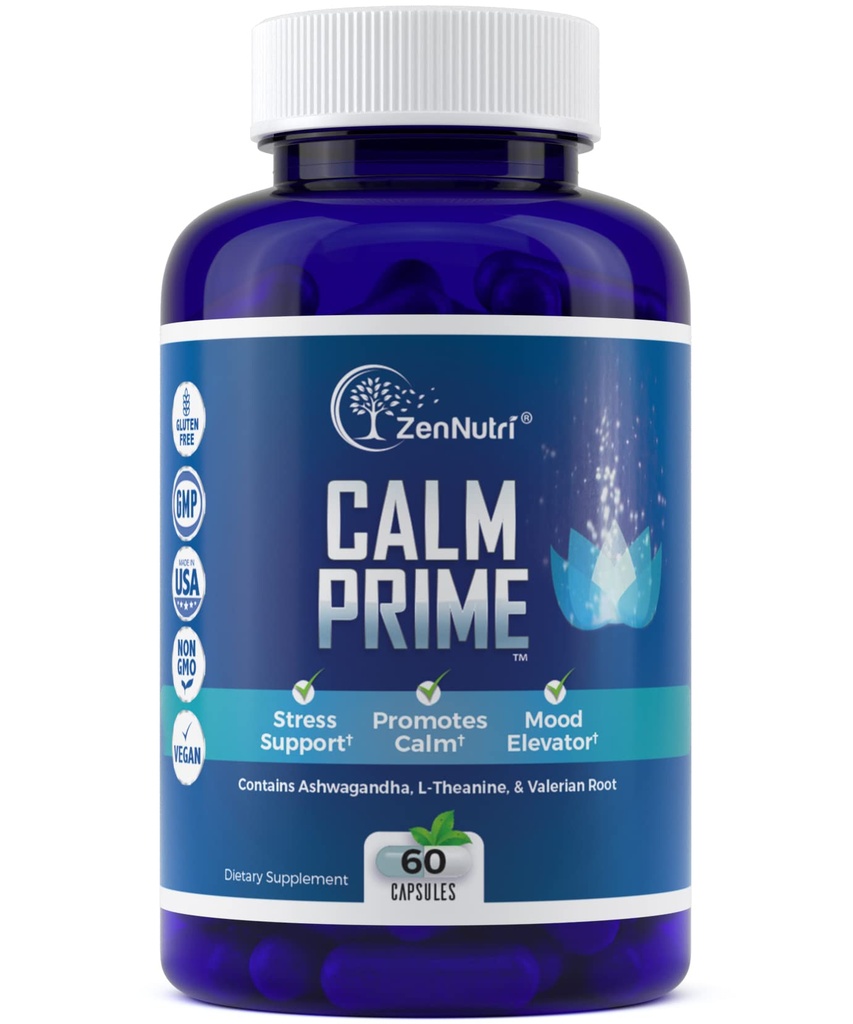 Rahulik primaarne stressi leevendamise lisa mitteuimas | meeleolutoetuslisa | meeleolutõus | Vegani päevane stressilisandid Calm Aid | Stressi vitamiinid - Ashwagandha, Valerian Juur - 60 loend
