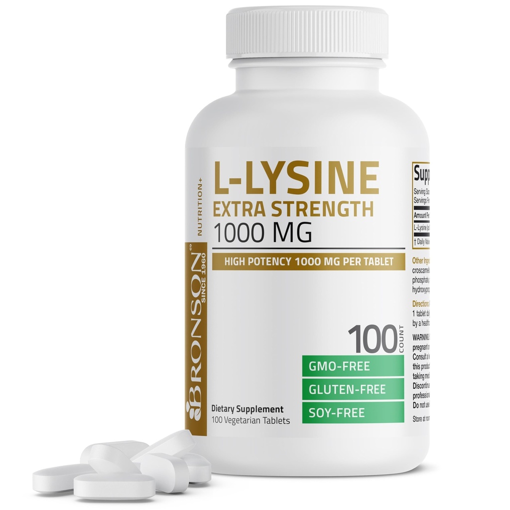 Bronson L-Lysine ekstra tugevus 1000 MG tableti kohta Suur tugevus, immuunsuse tugi ja toetab kollageeni sünteesi, mitte-GMO, 100 taimset tabletti