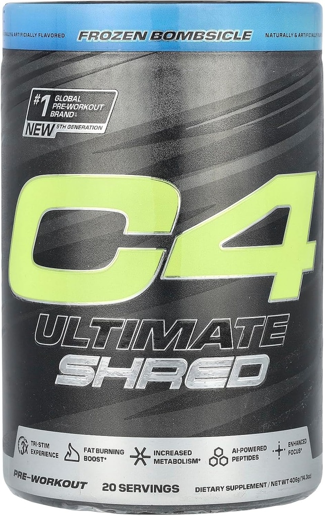 Cellucor C4 Ultimate Shred Pre Workout Pulber, Metabolism Supplement Cayenne ekstrakt + 300mg Kofeiin + TeaCrine + Dünaamiin - Külmutatud Pommipiim, 20 Servingut