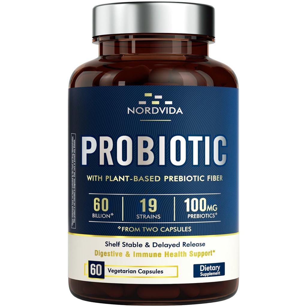 Probiootikum 60 miljardit 19 tüve orgaanilise prebiootikumiga meestele ja naistele, seedetrakti ja immuunsuse tervis, riiuli stabiilne hilinenud vabanemine, GMO-vaba piimatooted, 60 vegan kapslit