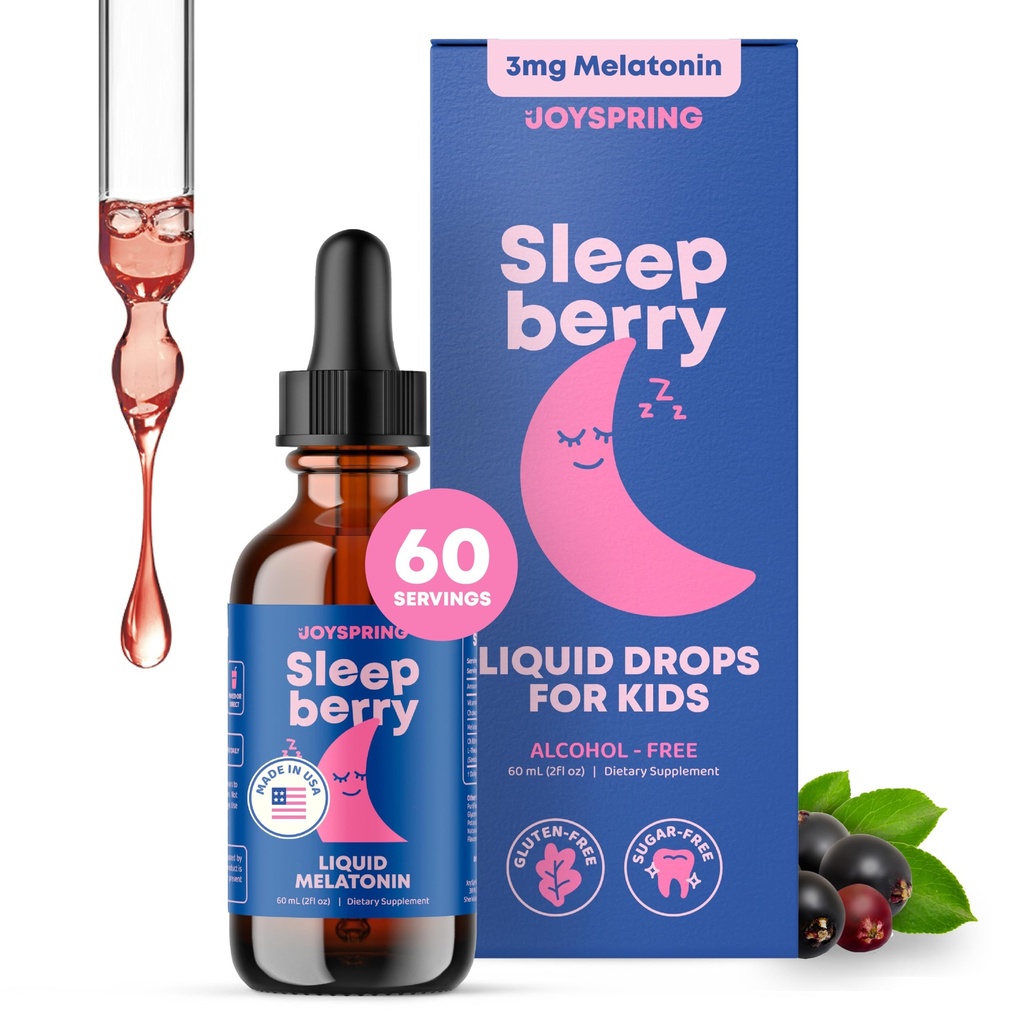 JoySpring Sleepberry Kids Melatoniin 3 mg - vedel uneabi koos L Theanine'iga, kõrge imendumisega marjatilgad (2 fl oz) 60 serveerimist, laste melatoniin koos D-vitamiini lastega Travel Essentials