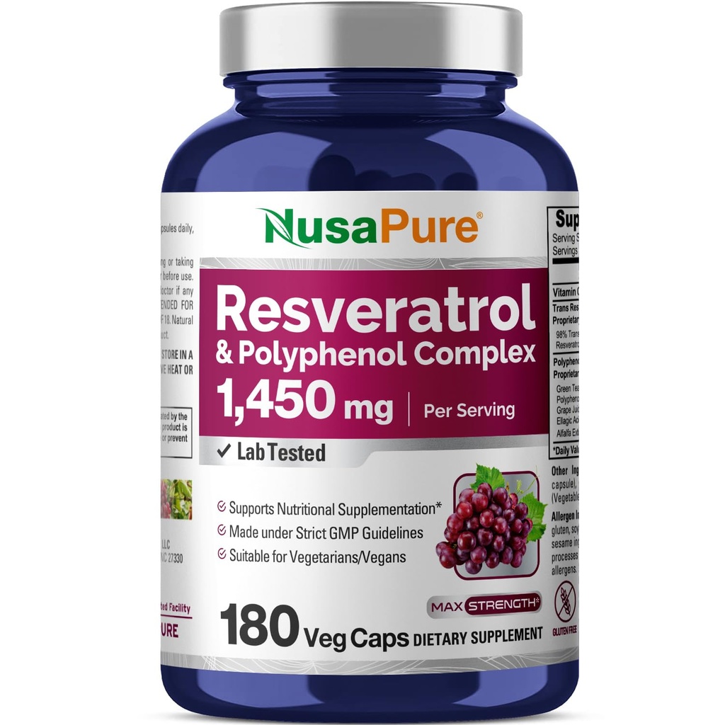 NusaPure Resveratrool & Polyphenol Complex 1450mg 180 taimetoitlased kapslid (mitte-GMO, vegan) C-vitamiin