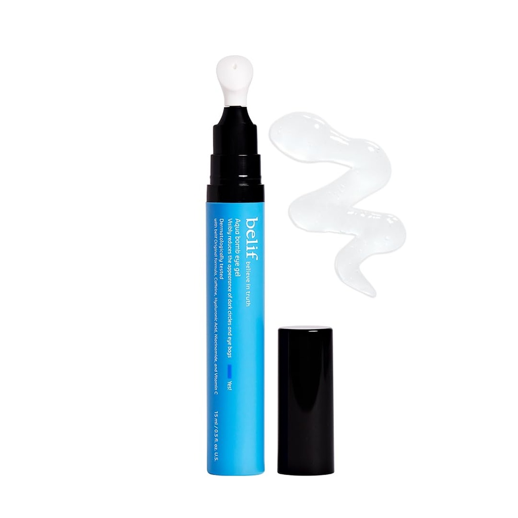 belif Aqua Bomb Cooling Eye Gel - kofeiin ja hüaluroonhape paistetuse ja hüdratsiooni jaoks, niatsiinamiid ja C-vitamiin tumedate ringide jaoks, adenosiin ja kollageen Plumping & Firming, Korea nahahooldus