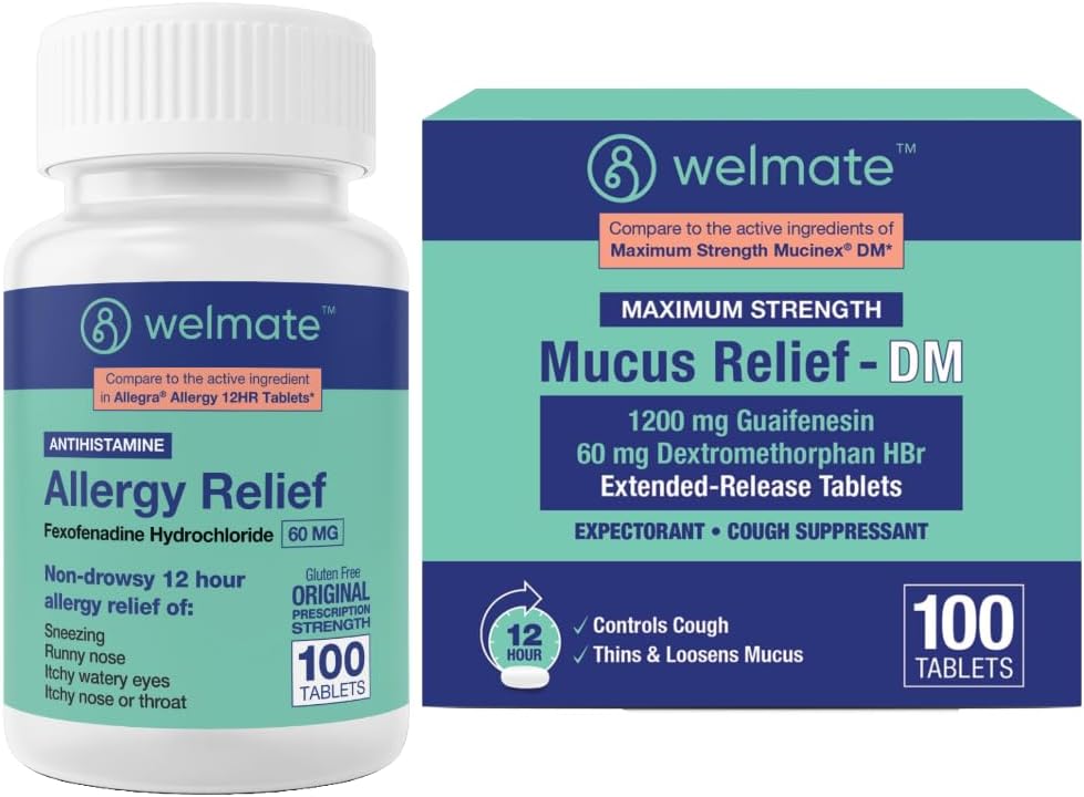 WELMATE Total Respiratory Health Bundle: Allergy Relief Fexofenadine HCl 60mg (100 Ct) 12-tunnine mitteuimastav antihistamiin + maksimaalne limatugevus DM 1200mg Guaifenesiin & 60mg DXM (100 Ct)