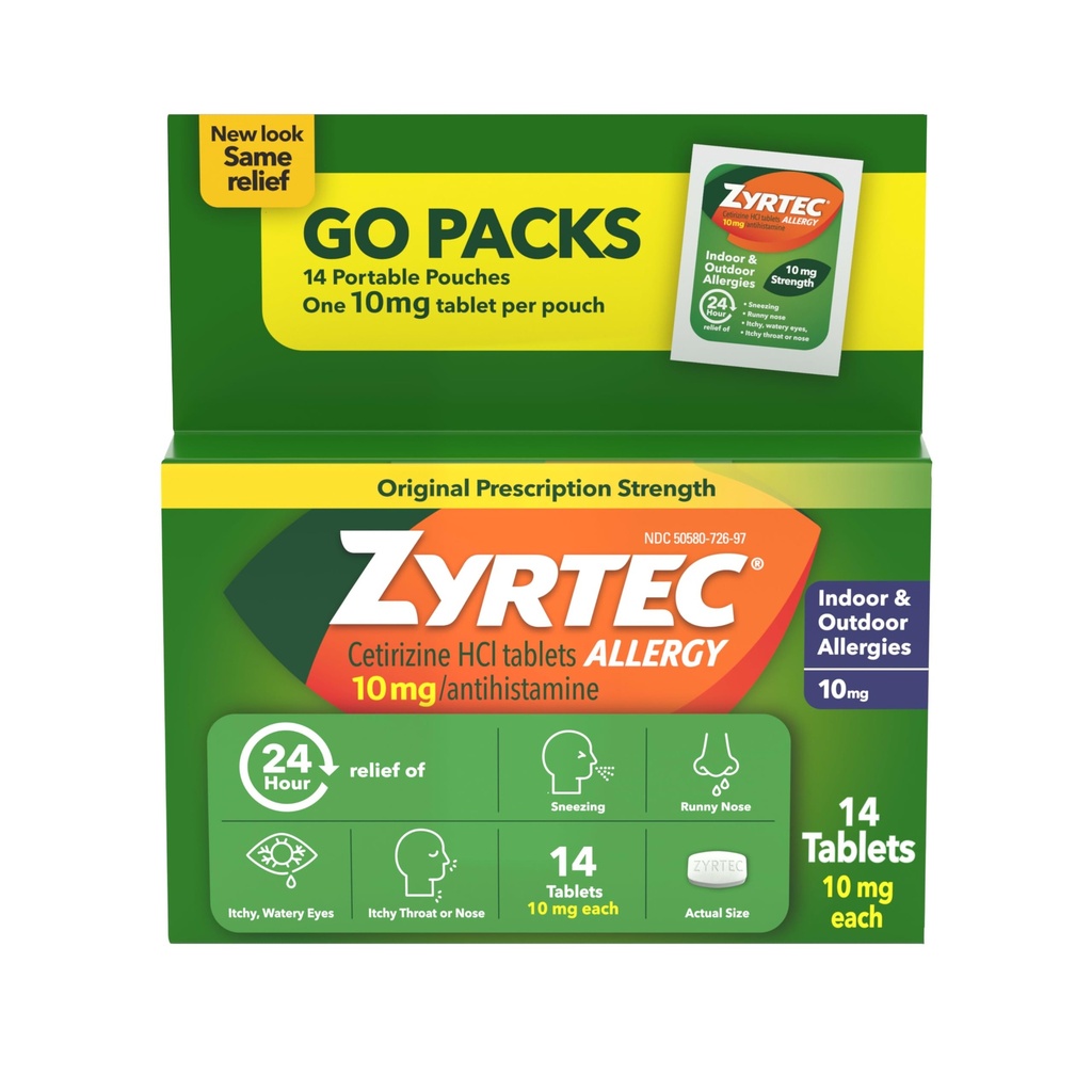 Zyrtec 24 tunni allergia leevendamise tabletid , antihistamiinikum siseruumides ja välitingimustes Allergiavastane meditsiin + tsetirisiin HCl , runny nina, aevastamine ja sügelevad silmad , üksikpakendid , 14 x 1 ct pakendid