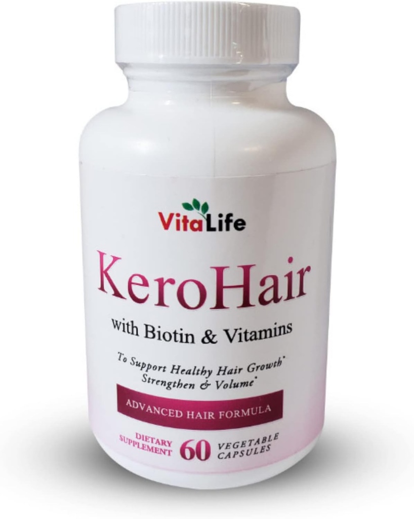 KeroHair Täiemahuline toidulisand vitamiinide ja Biotin I 60 kapslitega tugevaks ja tervislikuks juuste kasvuks - ennetab juuste väljalangemist | Heaks kiidetud * rikastatud ekstra biotiini ja B-vitamiiniga
