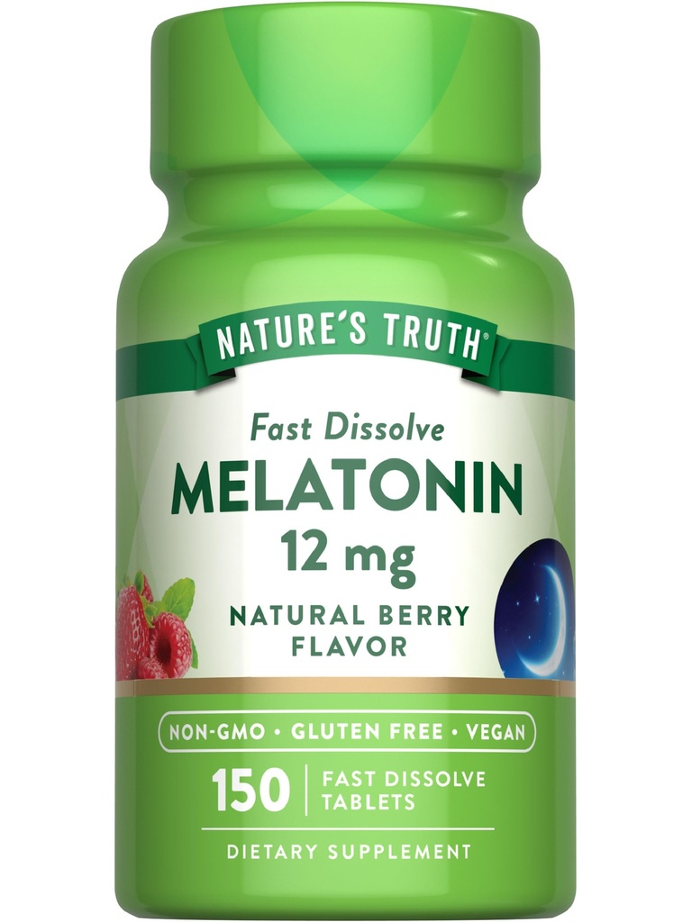 Looduse tõde Melatoniin 12 mg | 150 tabletti | Kiire lahustamine | looduslik marjamaitse | Vegan, mitte-GMO ja gluteenivaba toidulisand täiskasvanutele
