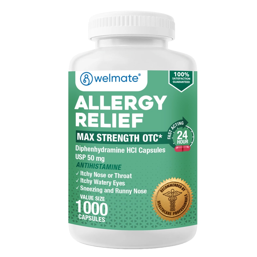 WELMATE Allergy Relief - Difenhüdramiin 50 mg - 1000 Count Capsules - Antihistamiin - Allergia ja külma sümptomid - Aevastamine, Runny Nina, Sügelevad Silmad & Kõri