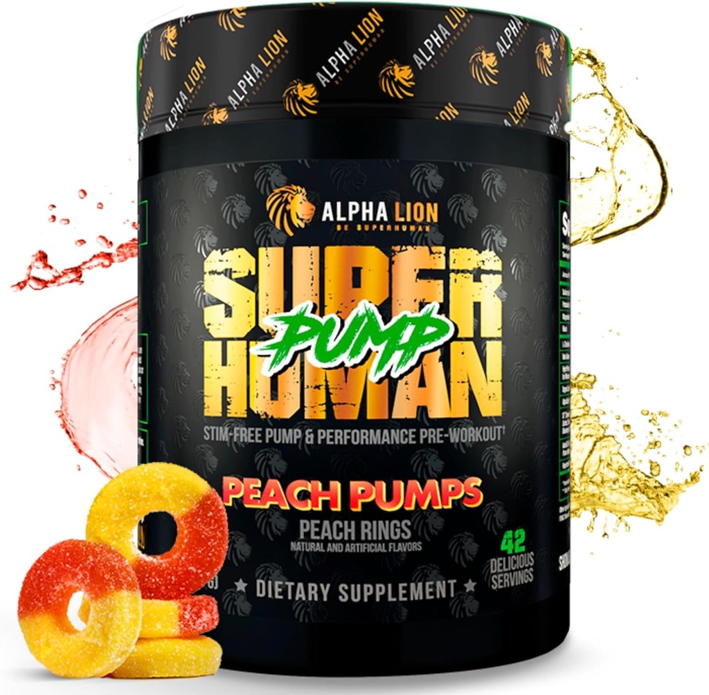 ALPHA LION Superhuman Pump Pre Workout Powder, Nootroopne Kofeiin & Stim Free Preworkout Supplement, Lämmastikoksiidi Booster, Lihaste Gainer, Energy & Focus (42 Servings, Virsikupumbad Maitse)