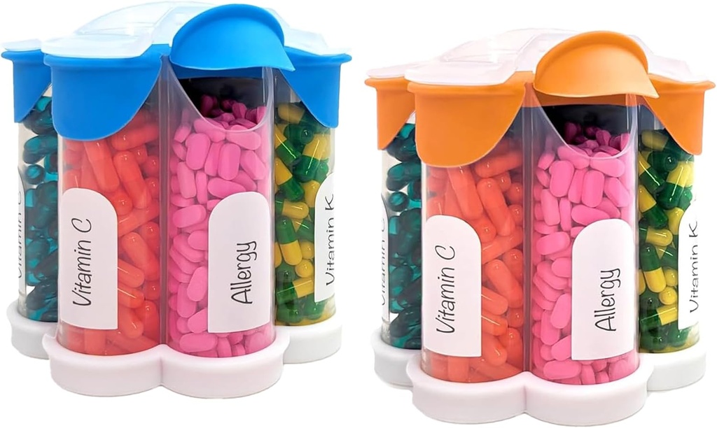 Ekstra suur Pill Korraldaja Igapäevane, Iganädalane, Igakuine Täiendus Pudel, Cute Blossom Pill Dispenser 7 XL Kompartments (2 Pack Combo) (Helesinine ja Oranž)