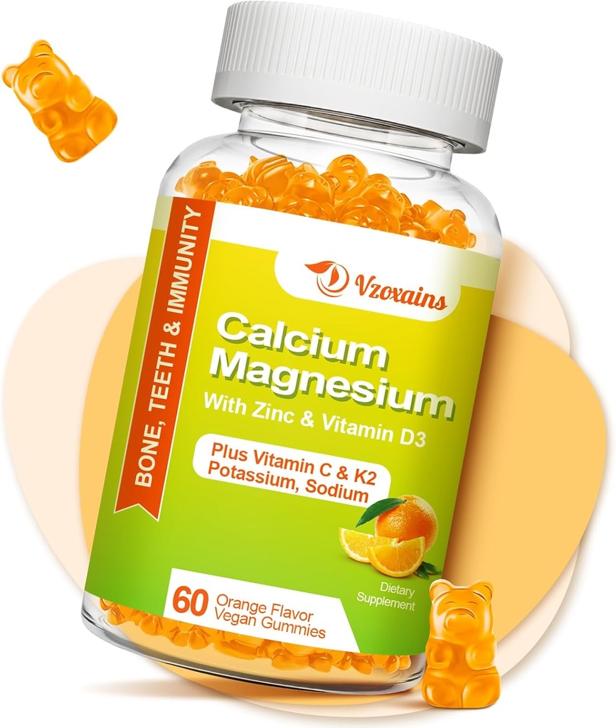 Kõrge imendumine Kaltsiumkummid, Suhkruvaba Kaltsium Magneesium Täiendus Kaalium D3-vitamiin meestele ja naistele - Vegan, Oranž Maitse 60 Ct