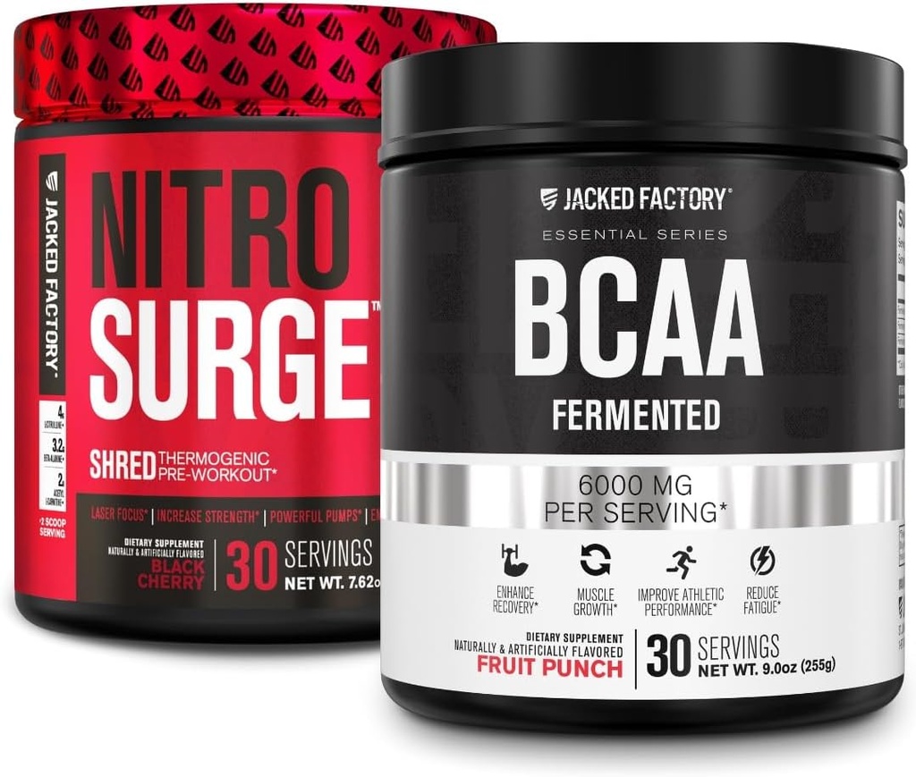 Jacked Factory Nitrosurge Shred Thermogenic Pre-Workout in Black Cherry & BCAA in Fruit Punch for Body Recomposition, Muscle Building and Recovery