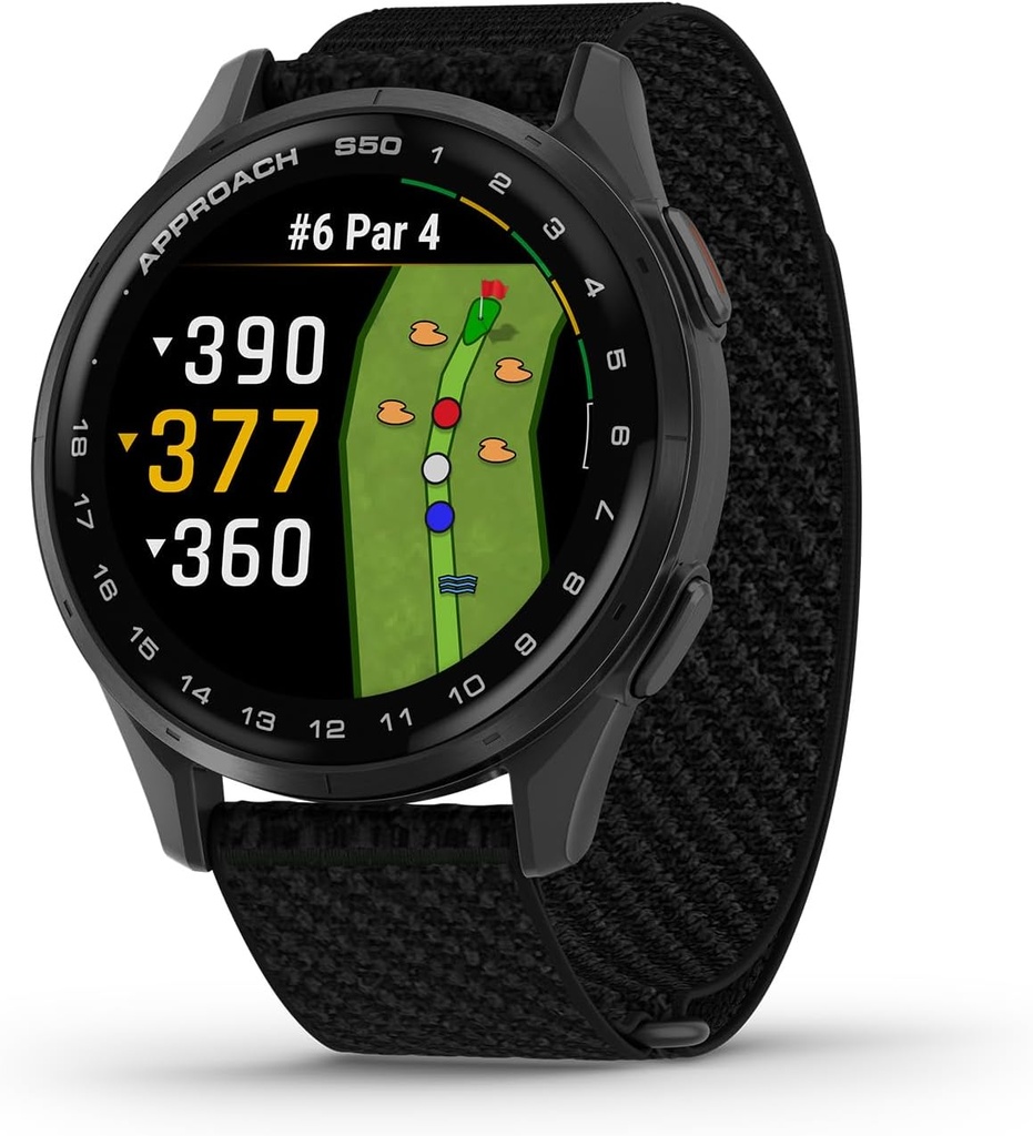 Garmin Approach® S50, Advanced Golf GPS Smartwatch, AMOLED Display, On-Course Features, Wrist-Based Heart Rate, Slate Alumiinium Bezel Black ComfortFit Nylon Band