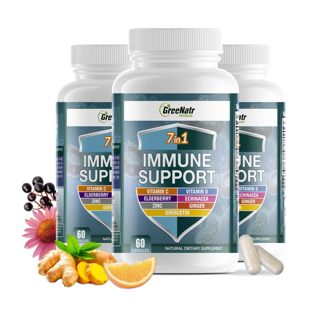GreeNatr Immune Support Supplement koos vitamiin C, D3, Tsink 50mg, Quercetin, Echinacea Purpurea, Sambucus Elderberry ja ingver täielikuks immuunkaitseks - 60 kapslit (3 pudelit)