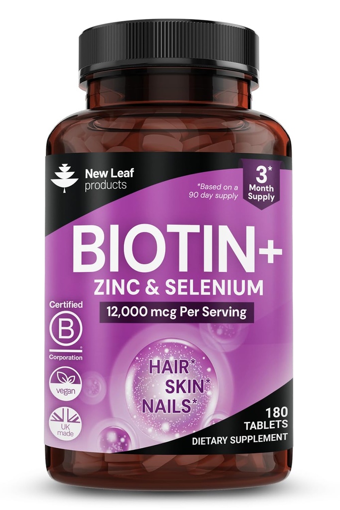 Biotiin Juuksekasvu Vitamiinid 12000mcg Kõrge tugevusega kookosõli - Soodustab Tervislik juuste nahk ja küüned - Biotiin Vitamiinid Naiste ja meeste Vegan, Gluteenivabad Toidulisandid - Valmistatud Suurbritannias New Leaf