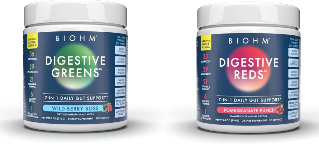 BIOHM Essential Bundle, Seedetrakti punased ja rohelised, Superfood Powder, Antioksüdandid, Vitamiinid, Probiootikumid, Seedetrakti Tervis Meestele ja Naistele, Seedetrakti täiendus Ensüümid, 30 Serving Iga