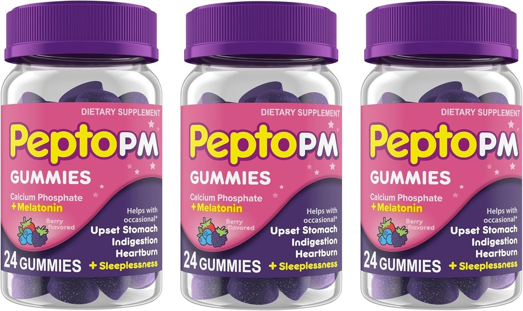 Pepto PM Gummies koos melatoniiniga une toetamiseks, kiireks ja tõhusaks seedehäirete leevendamiseks kõrvetiste, seedehäirete, ärritunud kõhu ja unetuse eest - Berry Flavor, 24 Ct (3. pakk)
